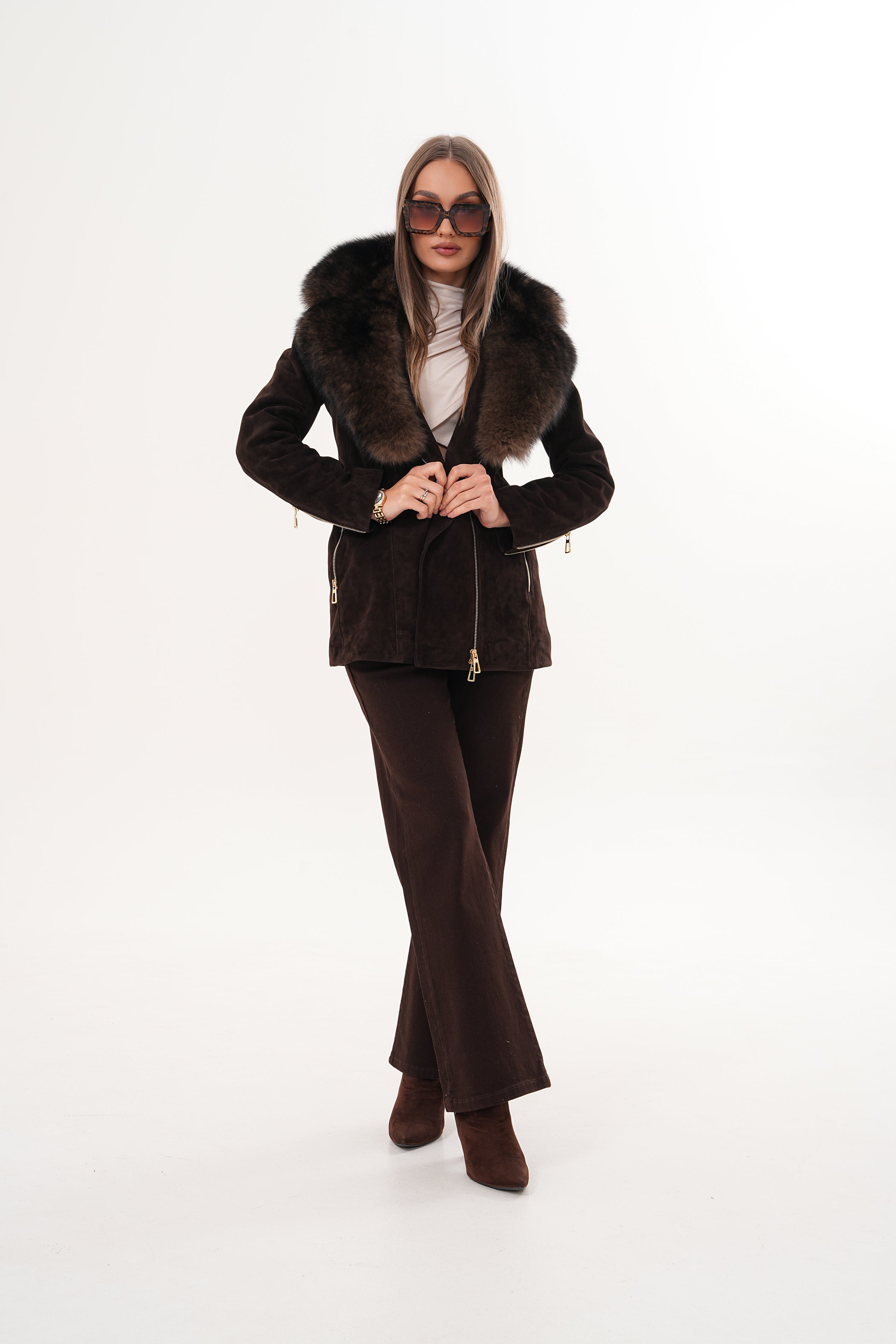 The Alessia Brown Leather Fox Fur Jacket - Vinci Leather