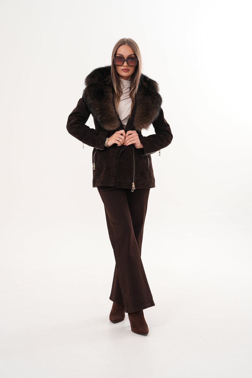 The Alessia Brown Leather Fox Fur Jacket - Vinci Leather