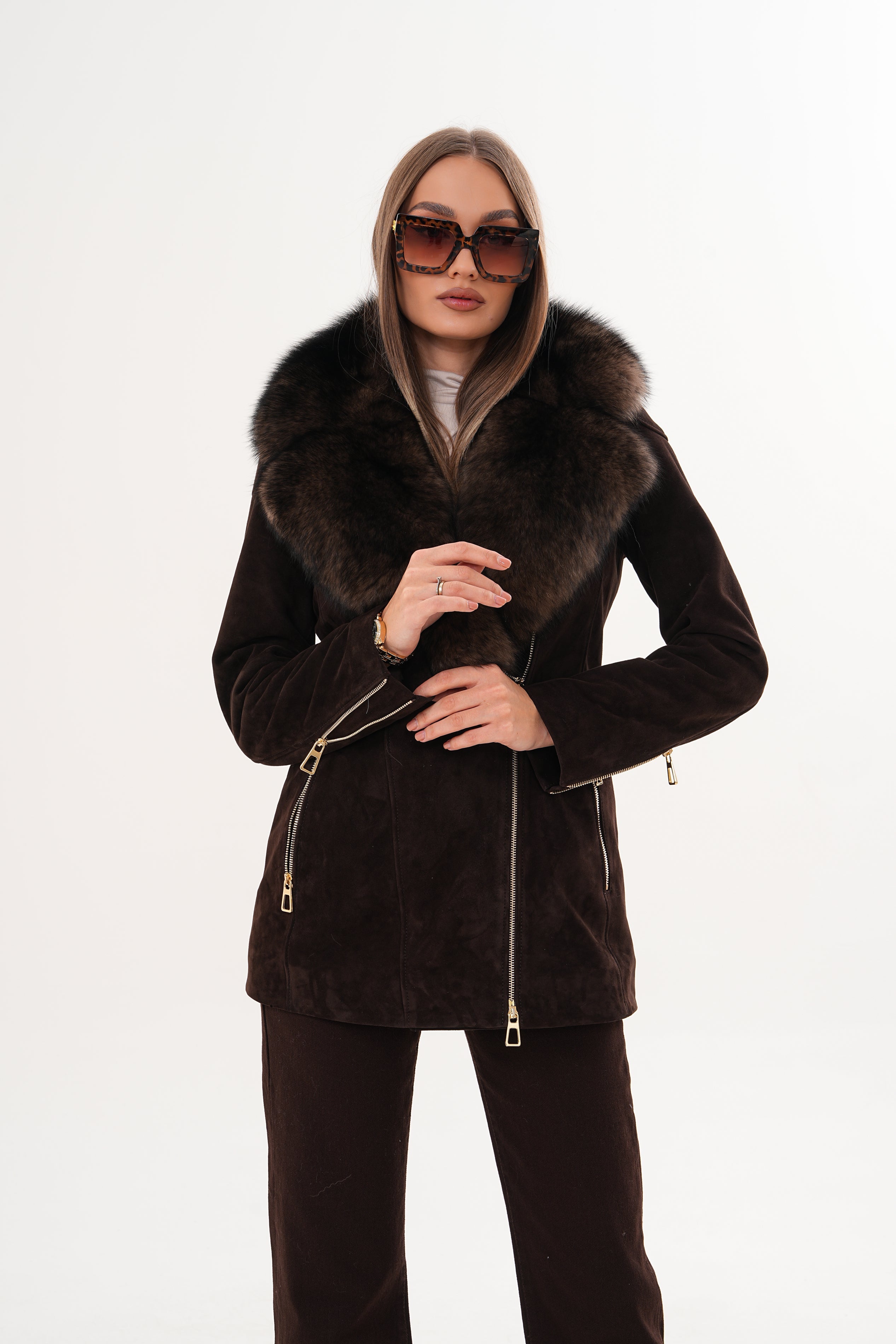 The Alessia Brown Leather Fox Fur Jacket - Vinci Leather