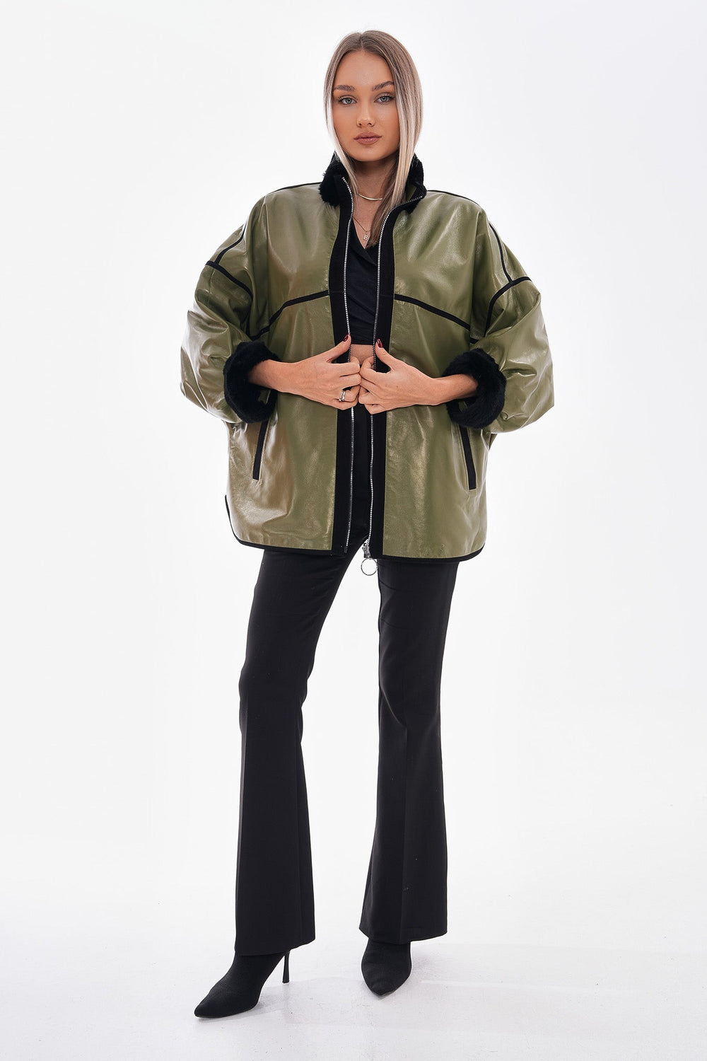The Rebel Reversible Shearling Olive Green Leather Jacket - Vinci Leather