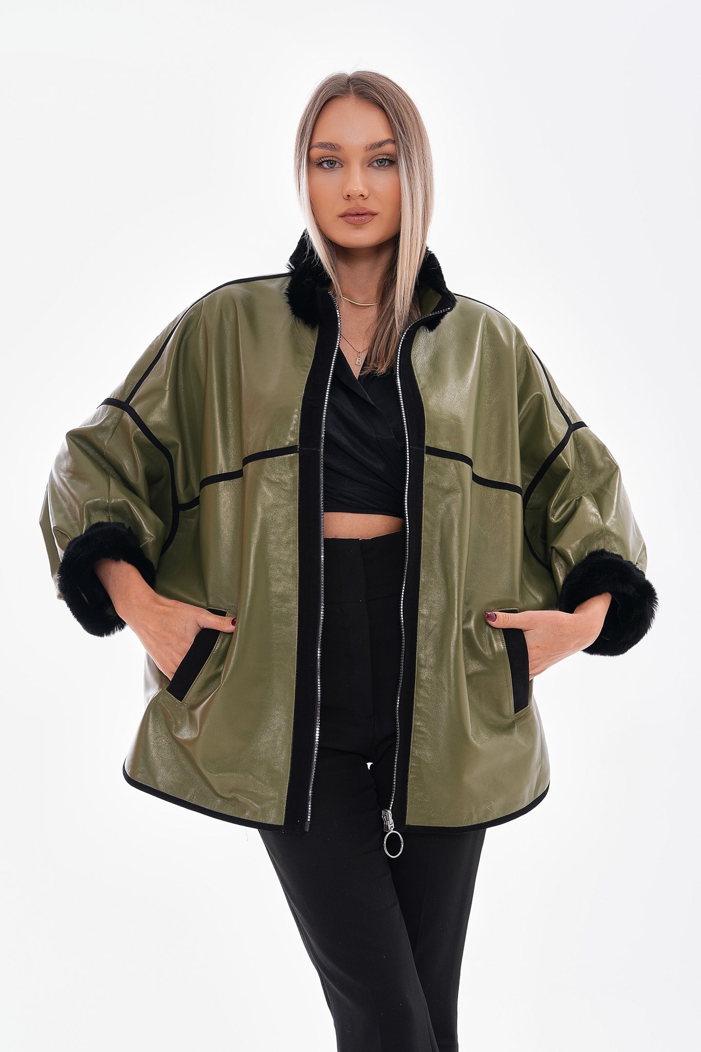The Rebel Reversible Shearling Olive Green Leather Jacket - Vinci Leather