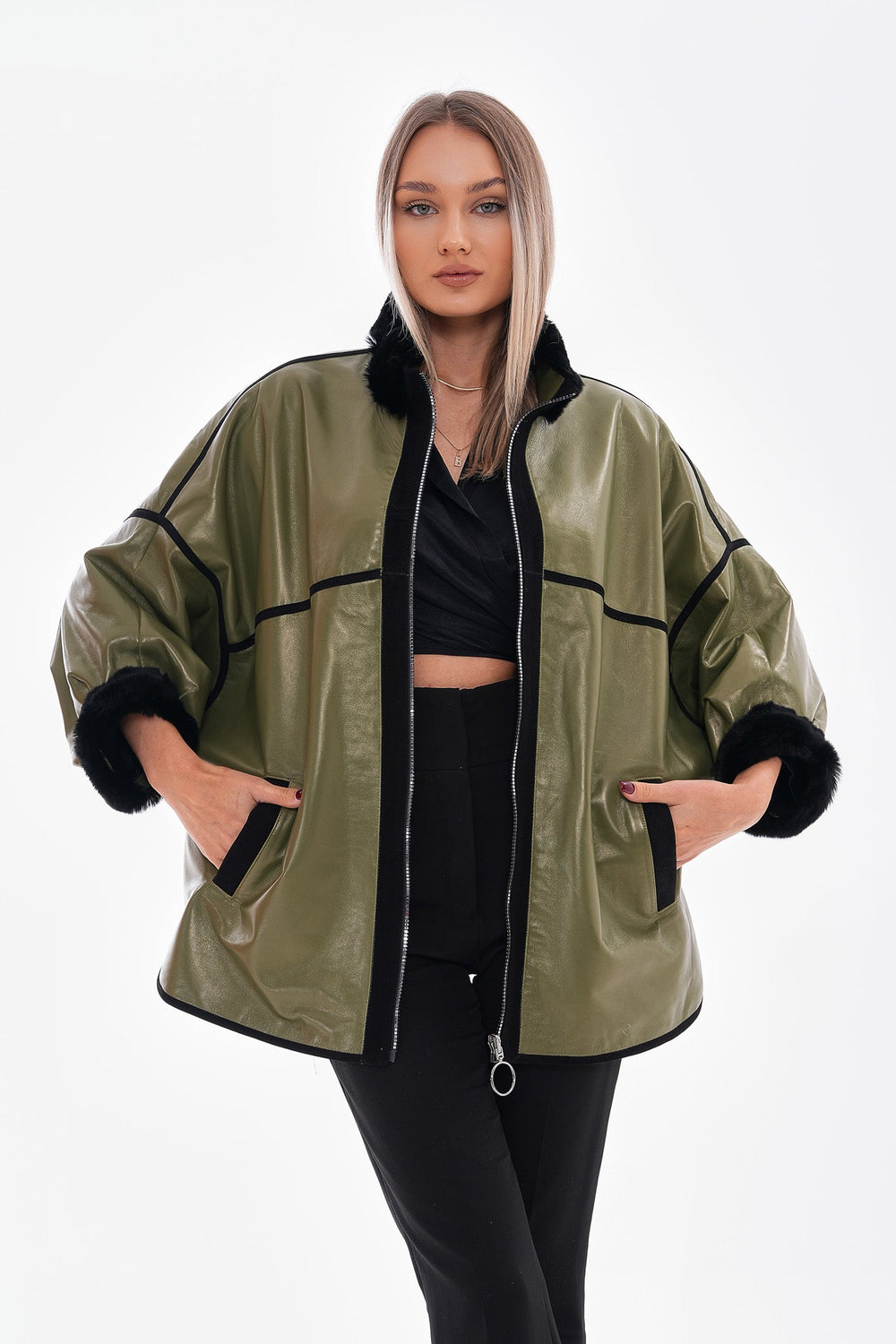 The Rebel Reversible Shearling Olive Green Leather Jacket - Vinci Leather