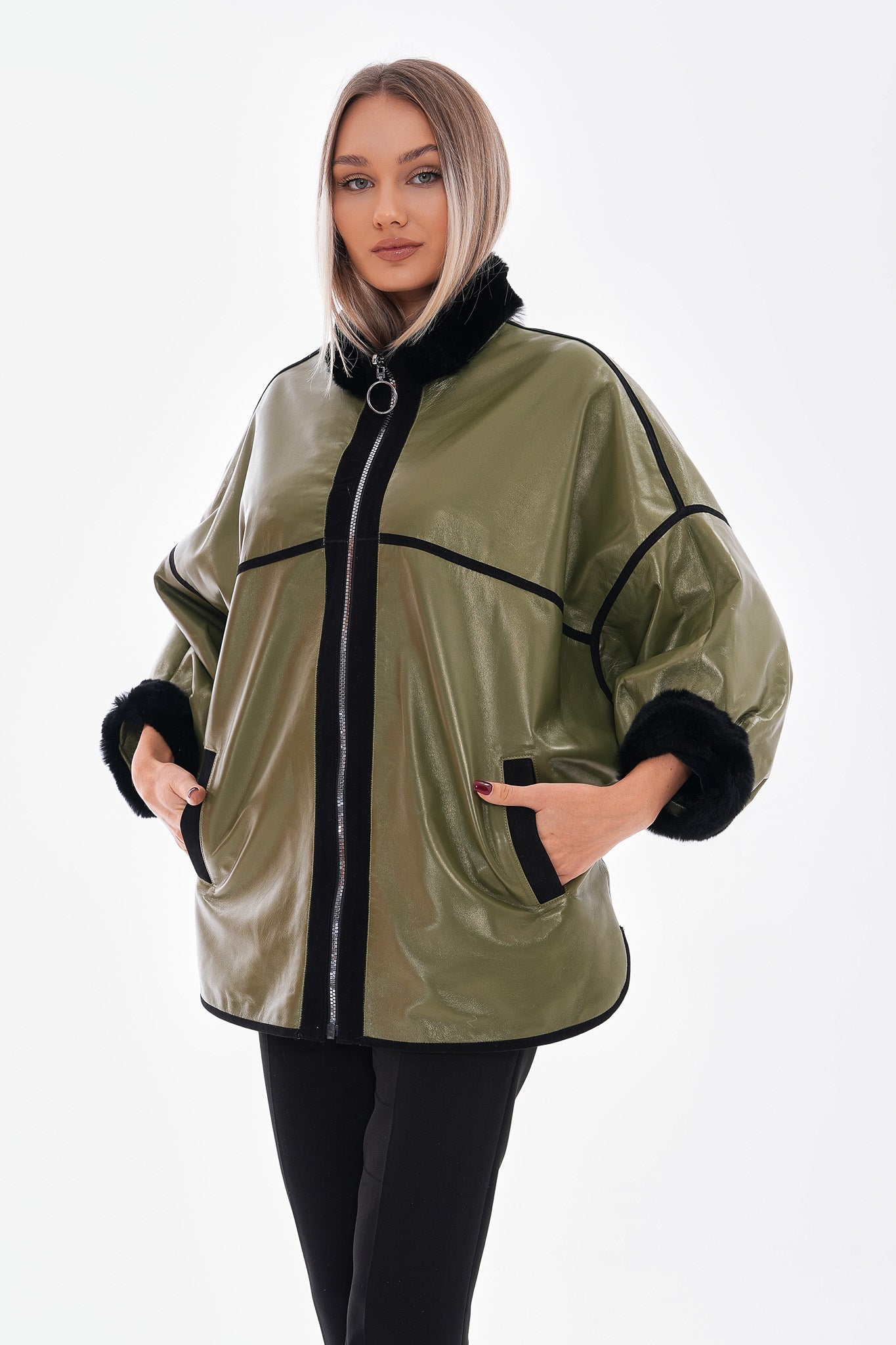 The Rebel Reversible Shearling Olive Green Leather Jacket - Vinci Leather