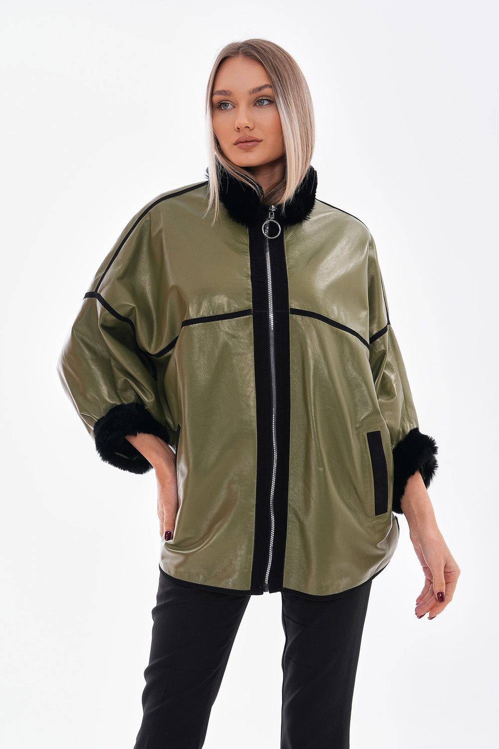 The Rebel Reversible Shearling Olive Green Leather Jacket - Vinci Leather