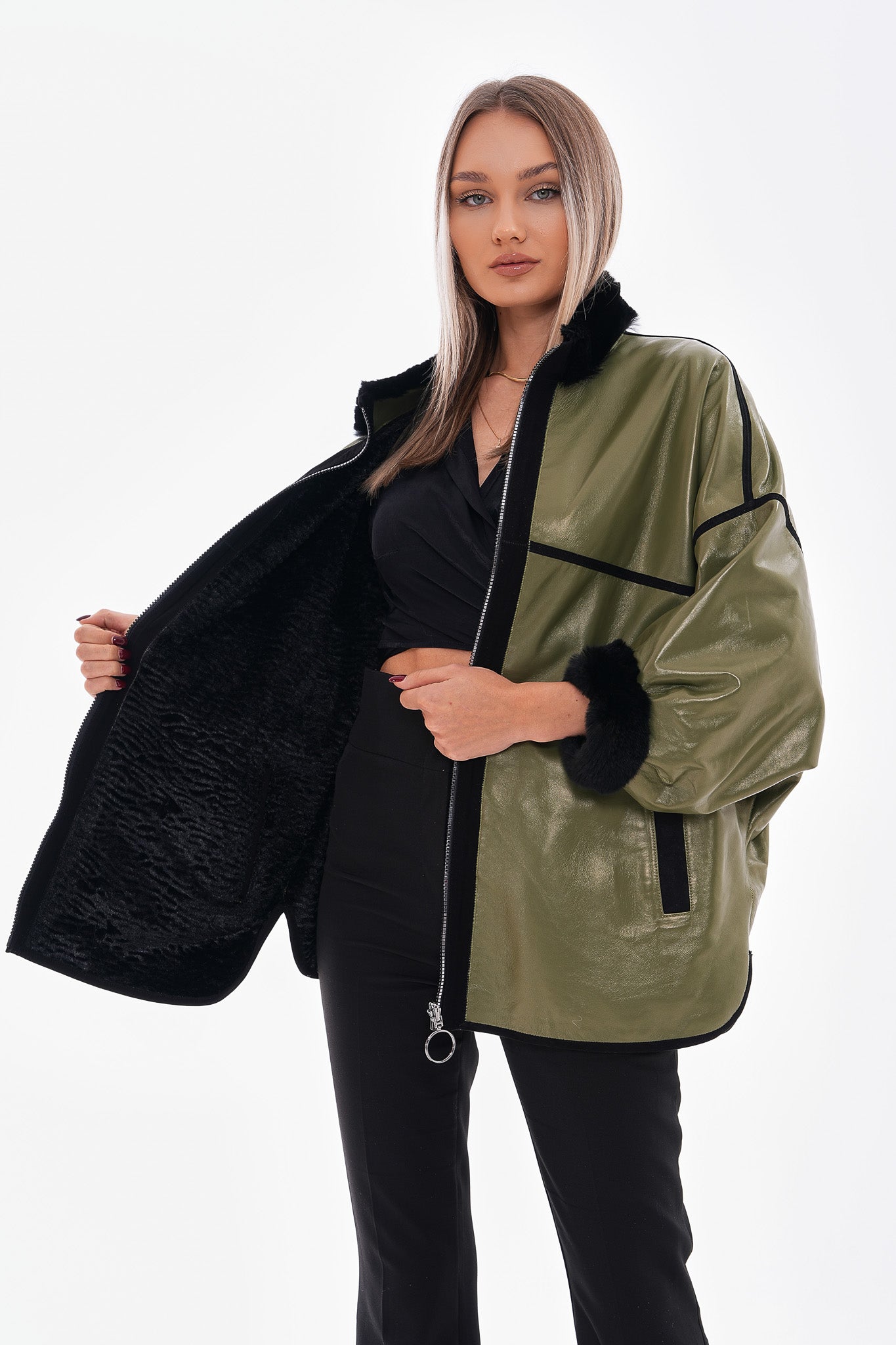 The Rebel Reversible Shearling Olive Green Leather Jacket - Vinci Leather