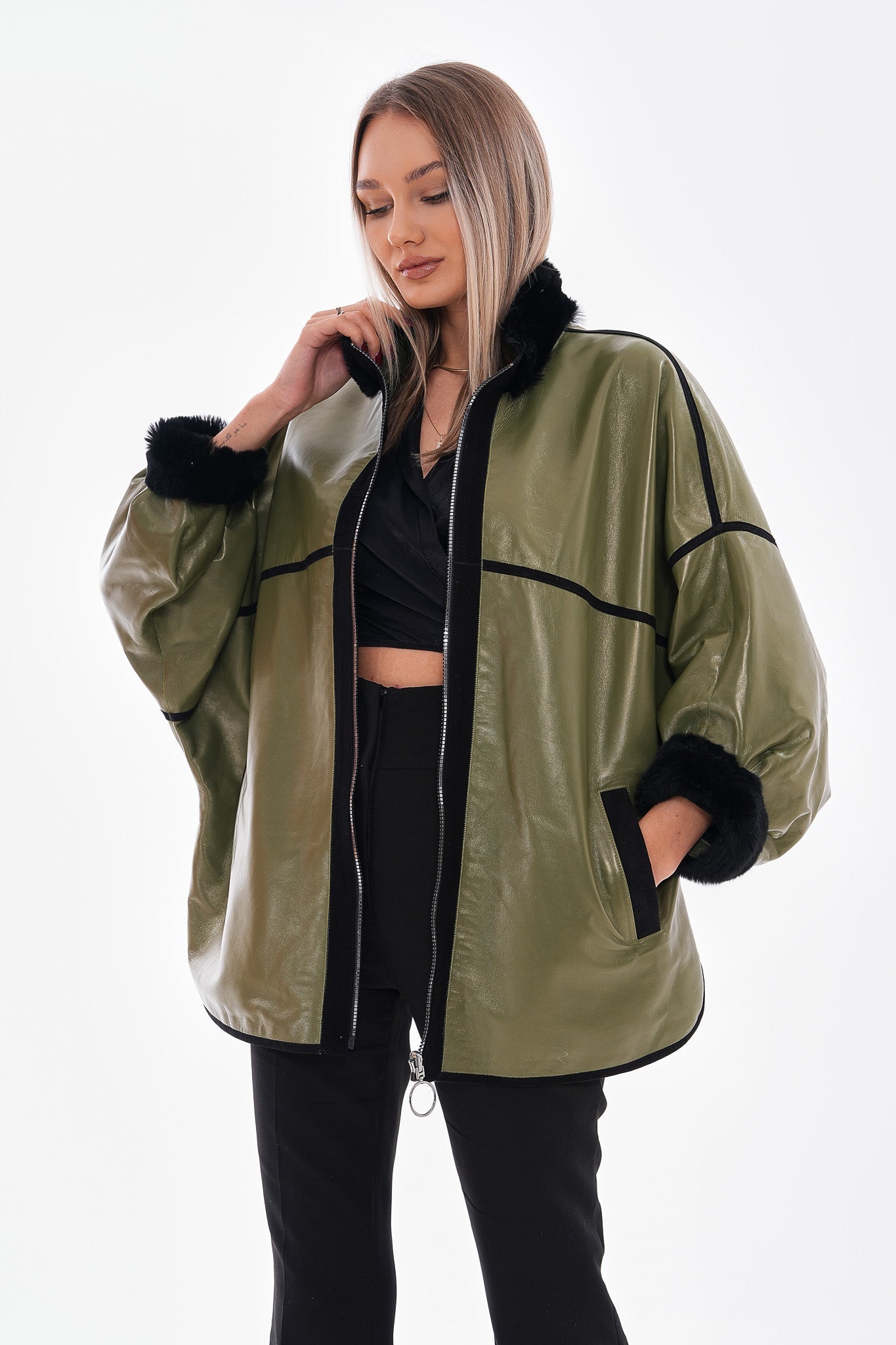The Rebel Reversible Shearling Olive Green Leather Jacket - Vinci Leather
