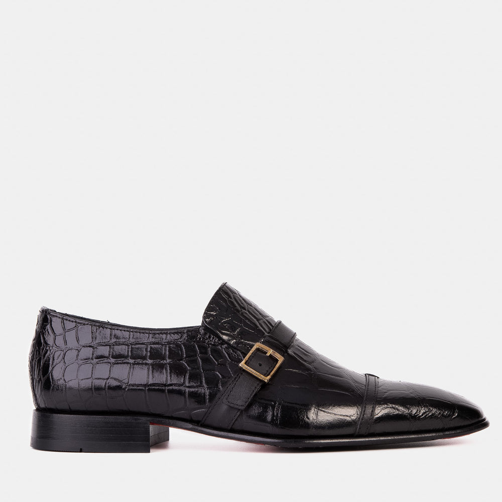 The Strat Single Monk Strap Cap Toe Black Leather Handmade Shoe - Vinci Leather