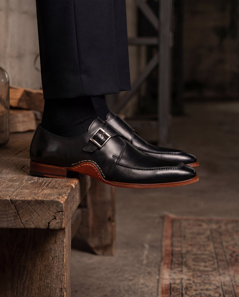 The Hagrid Black Single Monk Strap Handmade Shoe - Vinci Leather