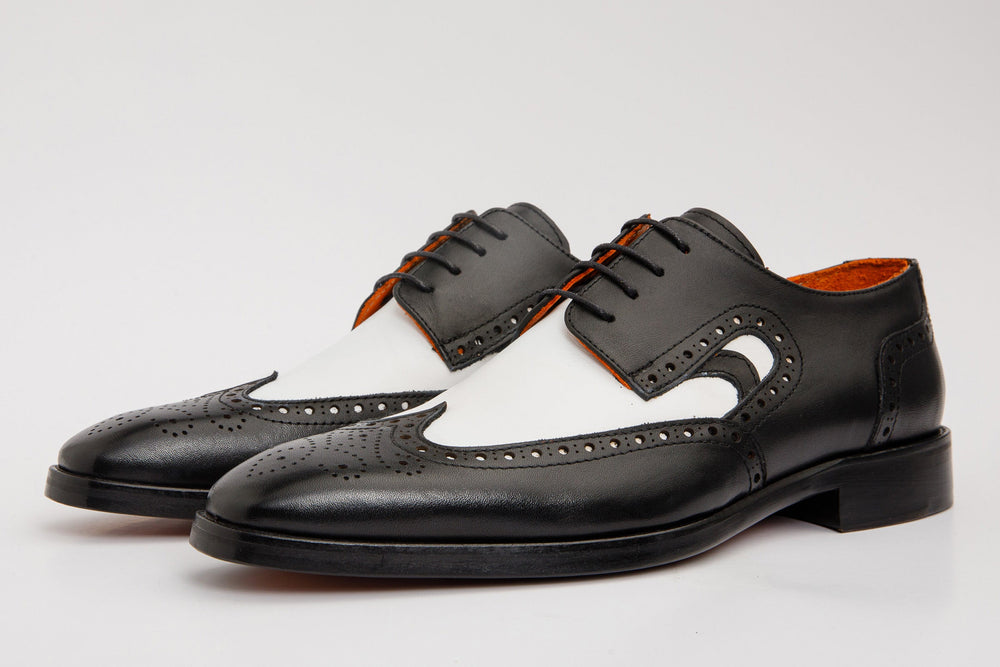 The Neiva Black White Wingtip Semi Brogue Derby Shoe - Vinci Leather