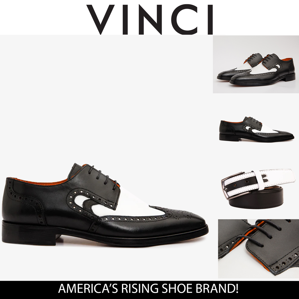 The Neiva Black White Wingtip Semi Brogue Derby Shoe - Vinci Leather