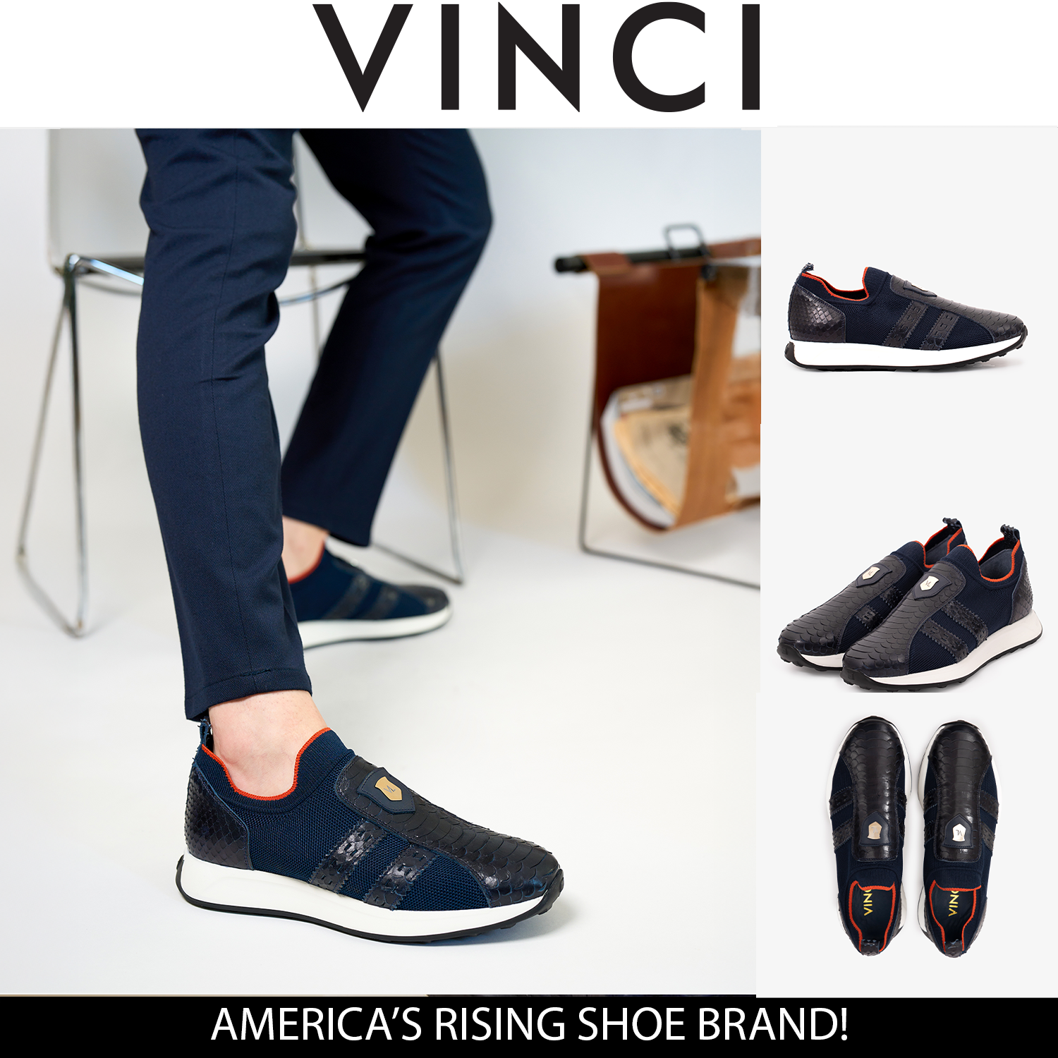 The Aslan Navy Knitted Leather Sneaker - Vinci Leather