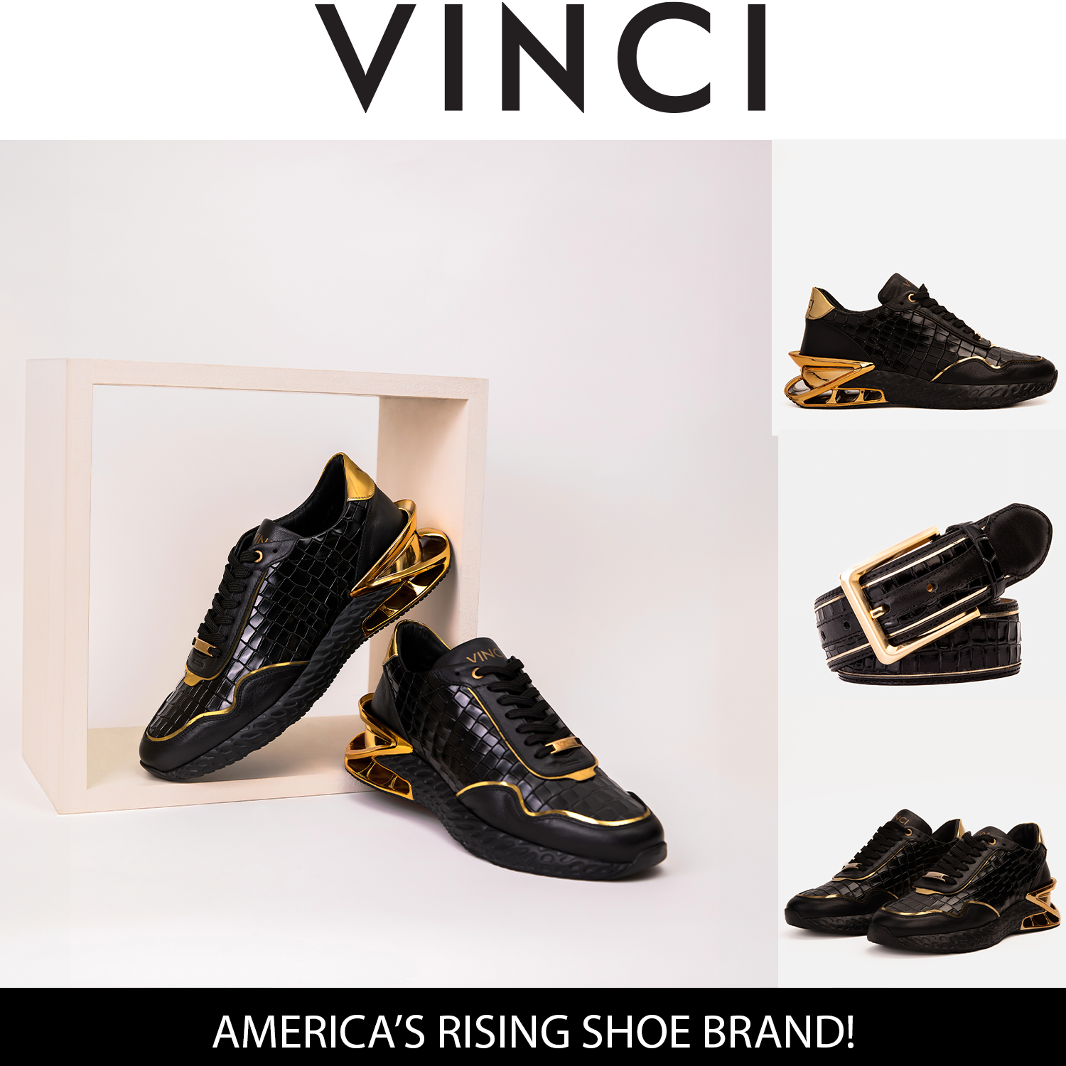 The Bellagio Black Gold Leather Sneaker - Vinci Leather