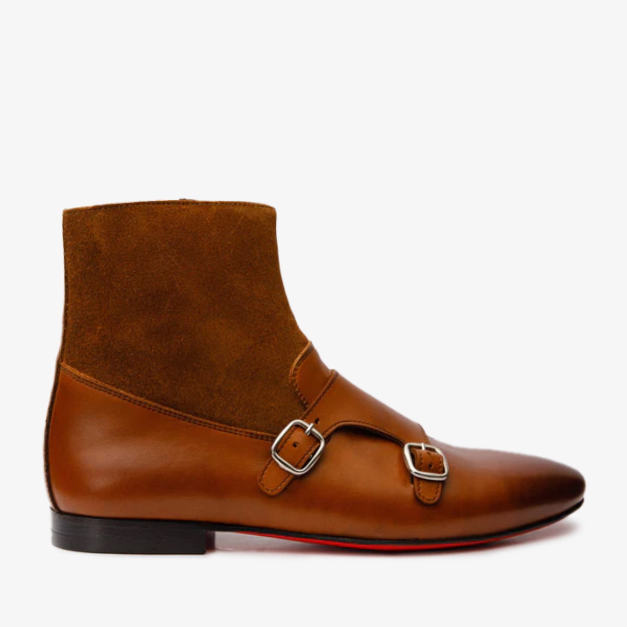 Preston Tan Leather Suede Double Monk Strap Ankle Boot - Vinci Leather