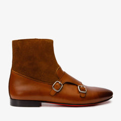 Preston Tan Leather Suede Double Monk Strap Ankle Boot - Vinci Leather