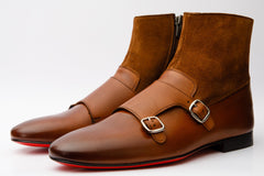 Preston Tan Leather Suede Double Monk Strap Ankle Boot - Vinci Leather