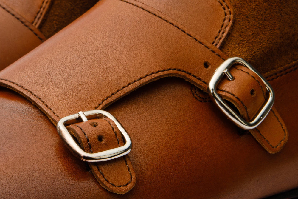 Preston Tan Leather Suede Double Monk Strap Ankle Boot - Vinci Leather