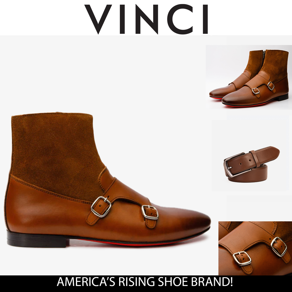 Preston Tan Leather Suede Double Monk Strap Ankle Boot - Vinci Leather