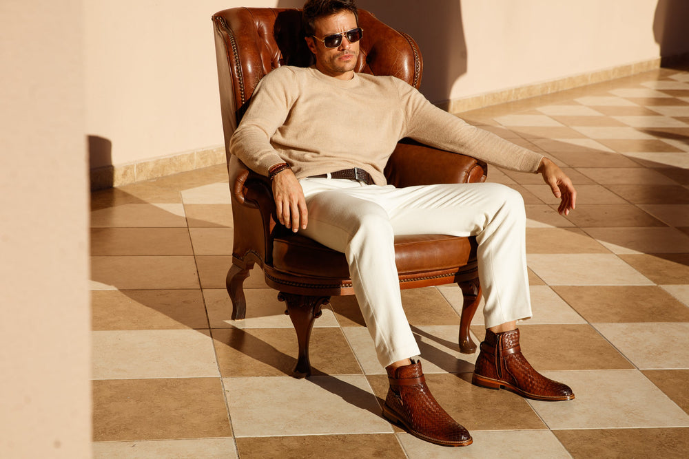 The Morral Tan Handwoven Leather Cross Strap Buckle Zip-Up Boot - Vinci Leather
