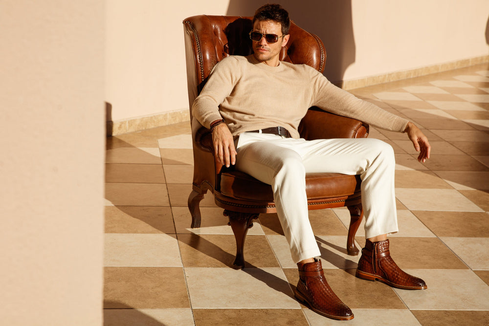 The Morral Tan Handwoven Leather Cross Strap Buckle Zip-Up Boot - Vinci Leather