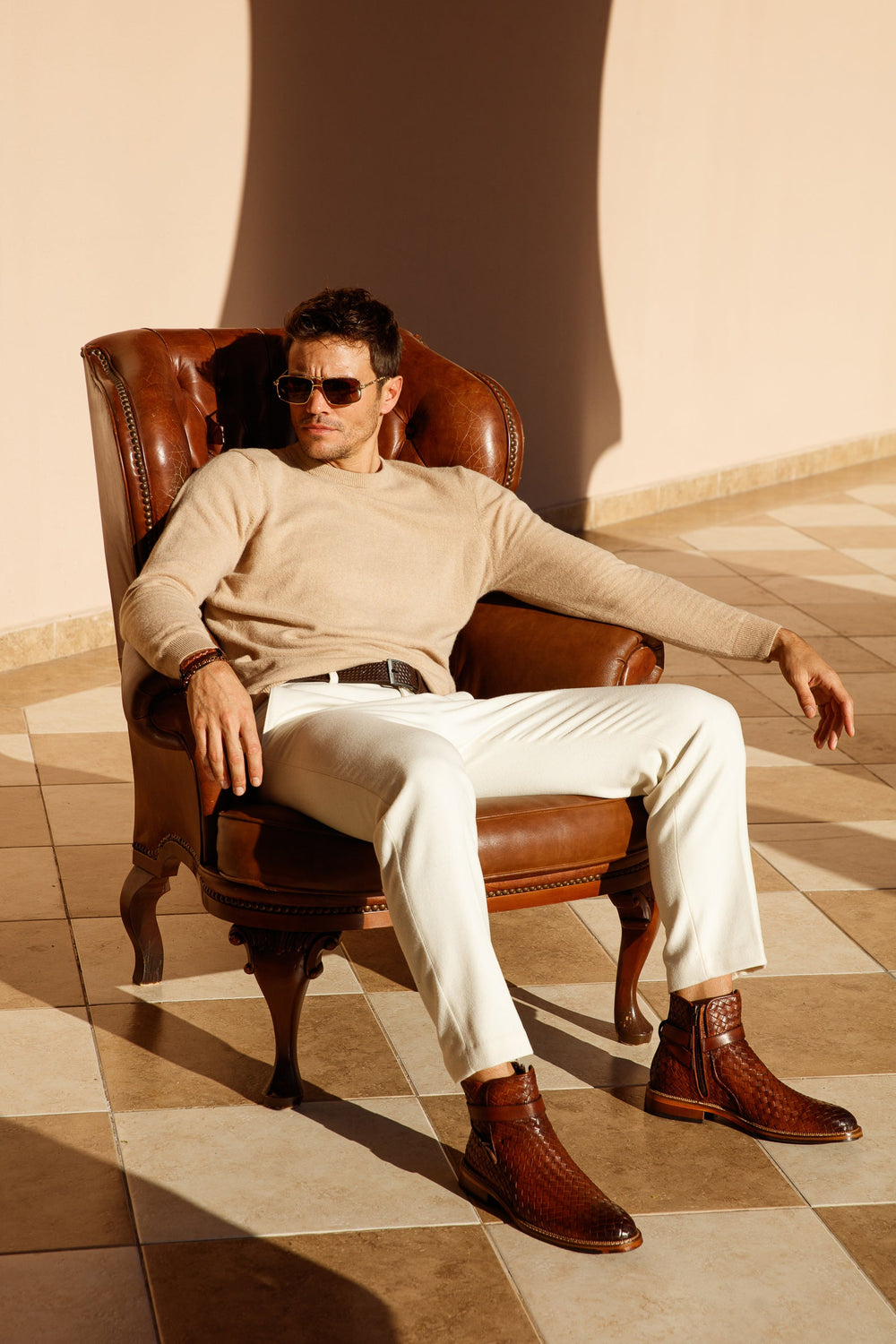 The Morral Tan Handwoven Leather Cross Strap Buckle Zip-Up Boot - Vinci Leather