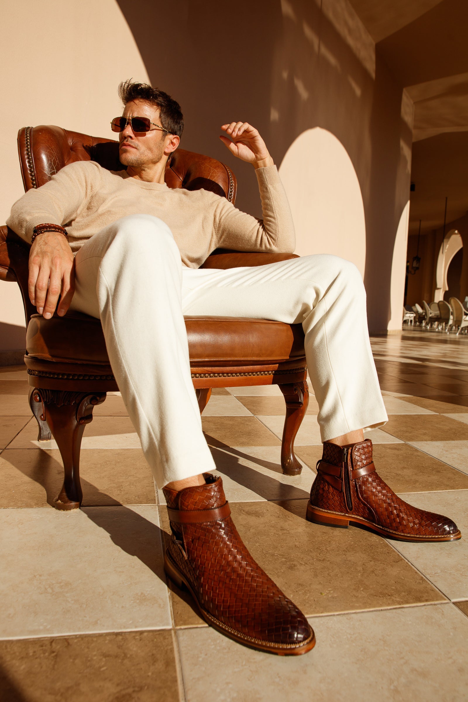 The Morral Tan Handwoven Leather Cross Strap Buckle Zip-Up Boot - Vinci Leather