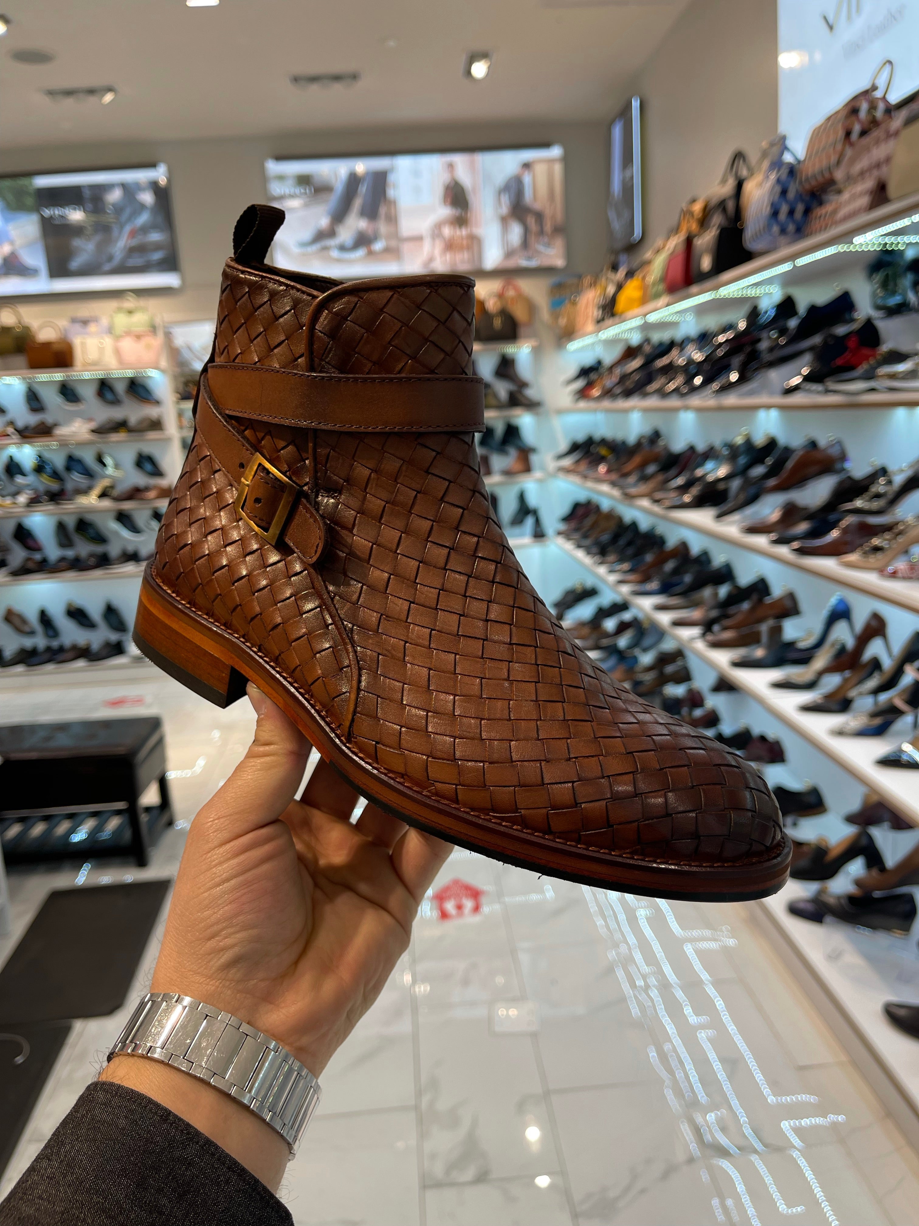 The Morral Tan Handwoven Leather Cross Strap Buckle Zip-Up Boot - Vinci Leather