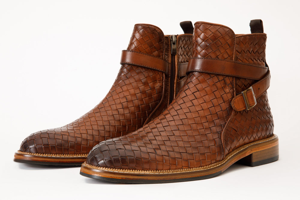 The Morral Tan Handwoven Leather Cross Strap Buckle Zip-Up Boot - Vinci Leather