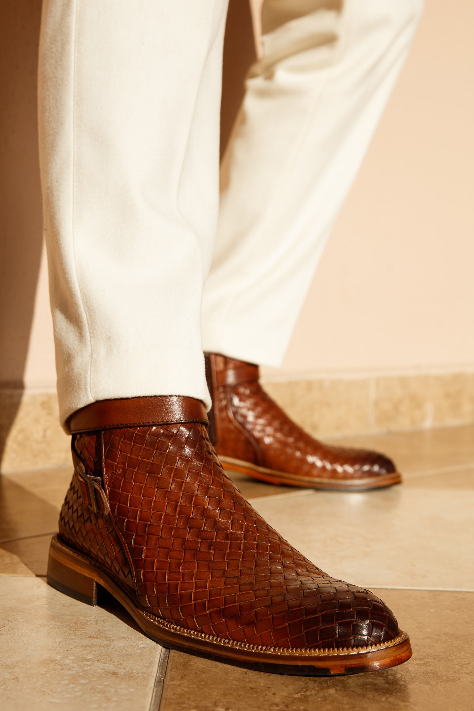 The Morral Tan Handwoven Leather Cross Strap Buckle Zip-Up Boot - Vinci Leather