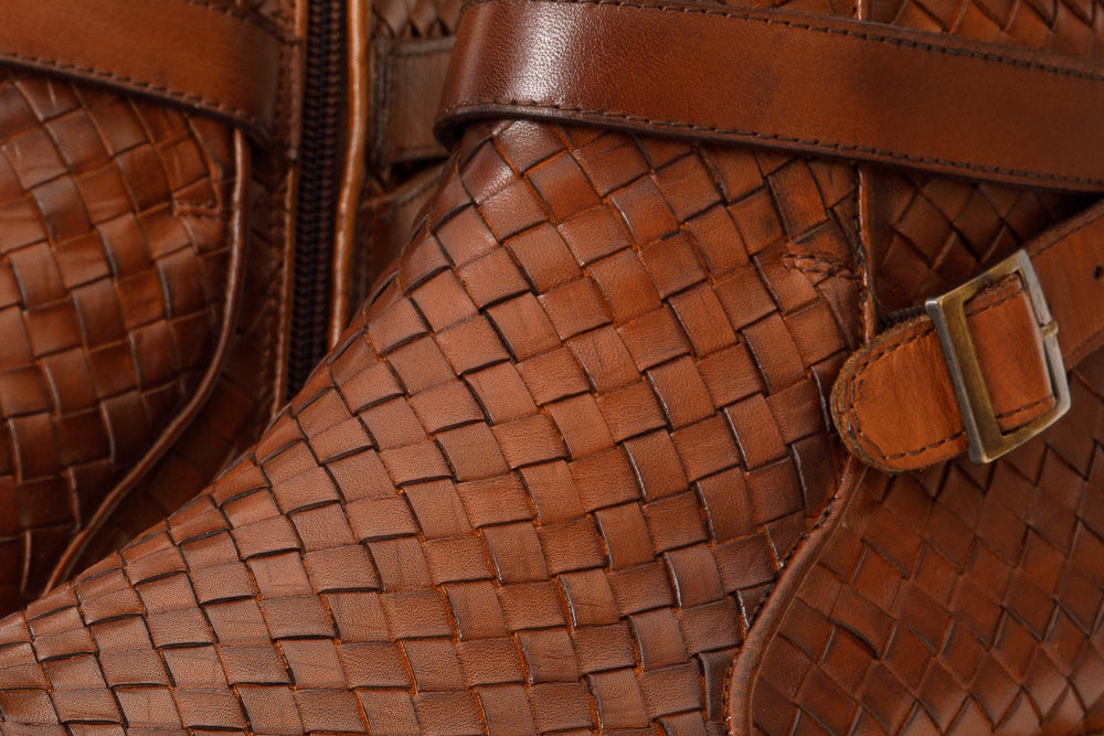 The Morral Tan Handwoven Leather Cross Strap Buckle Zip-Up Boot - Vinci Leather