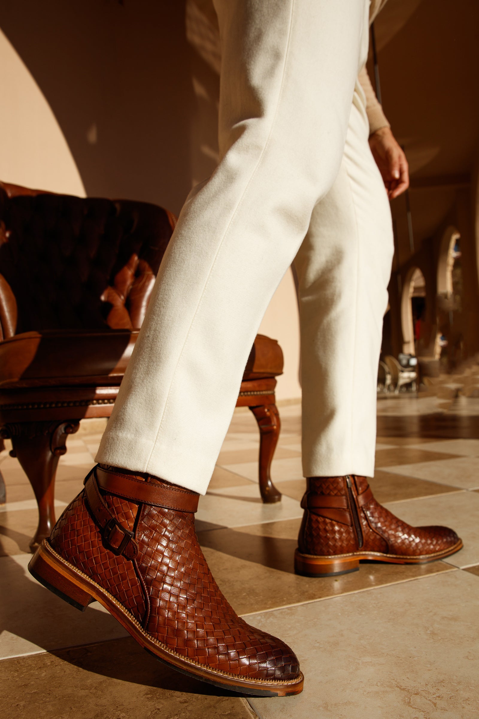 The Morral Tan Handwoven Leather Cross Strap Buckle Zip-Up Boot - Vinci Leather