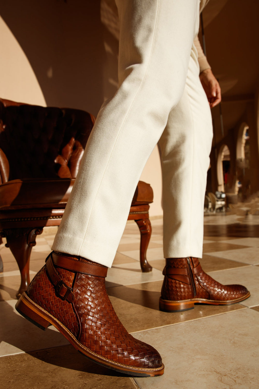 The Morral Tan Handwoven Leather Cross Strap Buckle Zip-Up Boot - Vinci Leather