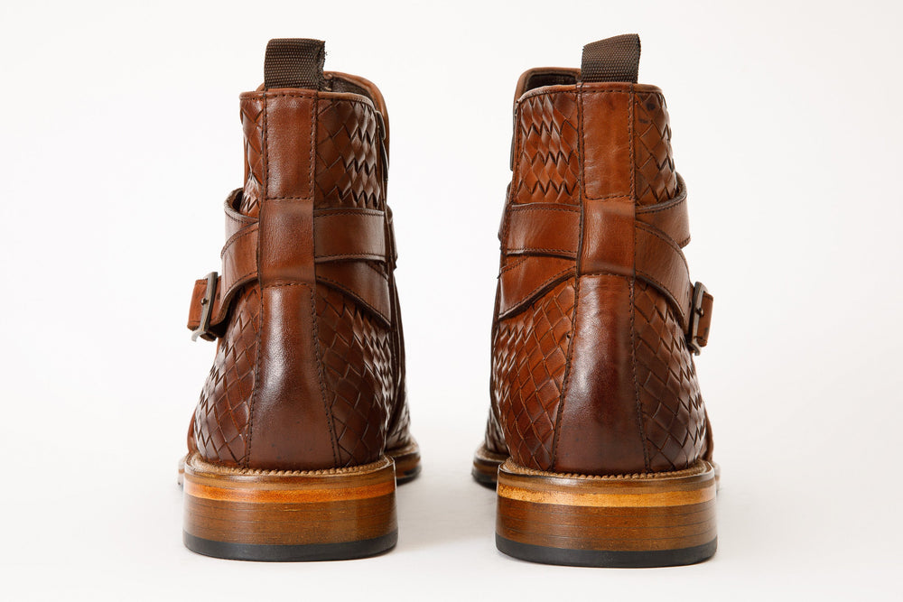 The Morral Tan Handwoven Leather Cross Strap Buckle Zip-Up Boot - Vinci Leather