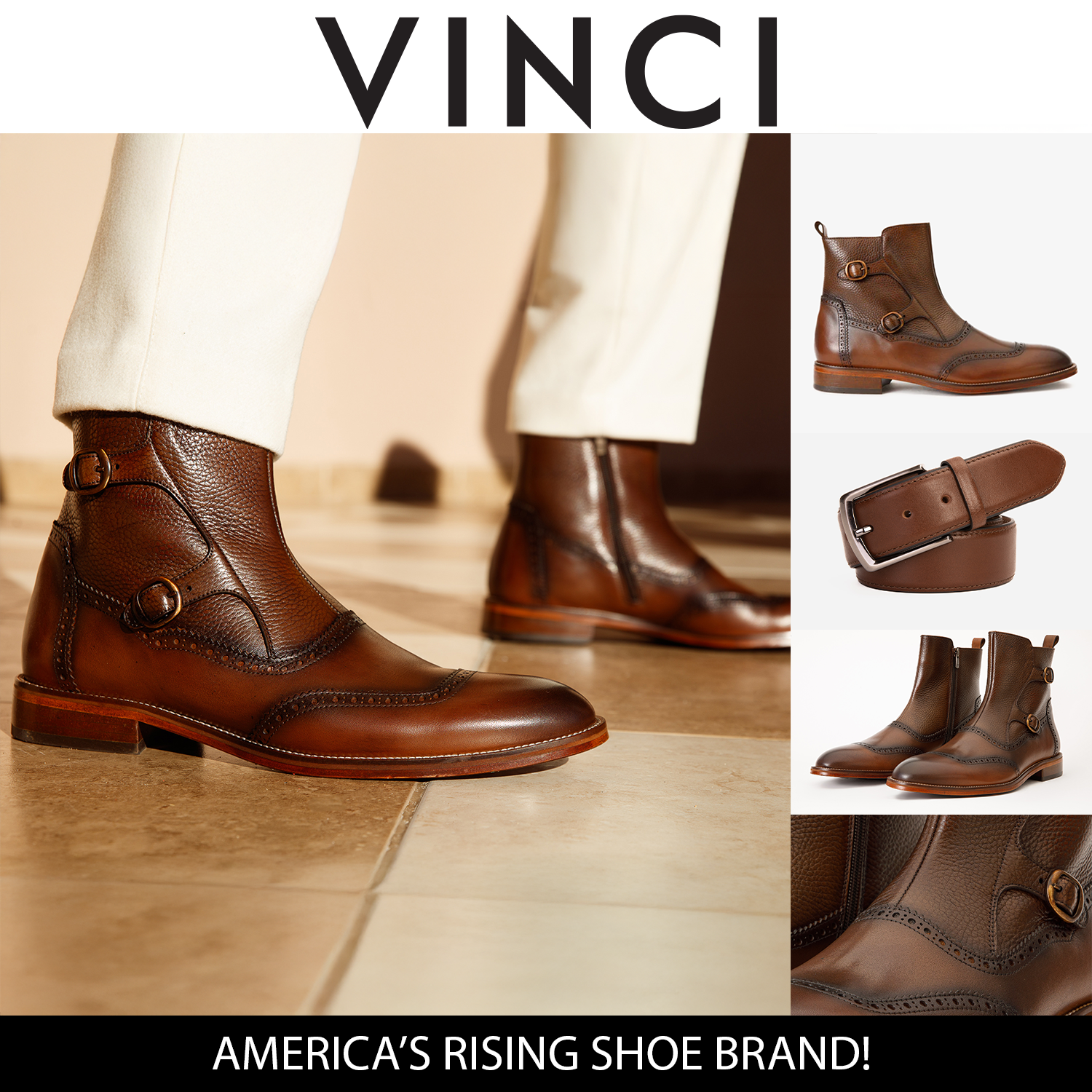The Rand Brown Leather Double Buckle Brogue Boot with a Zipper - Vinci Leather