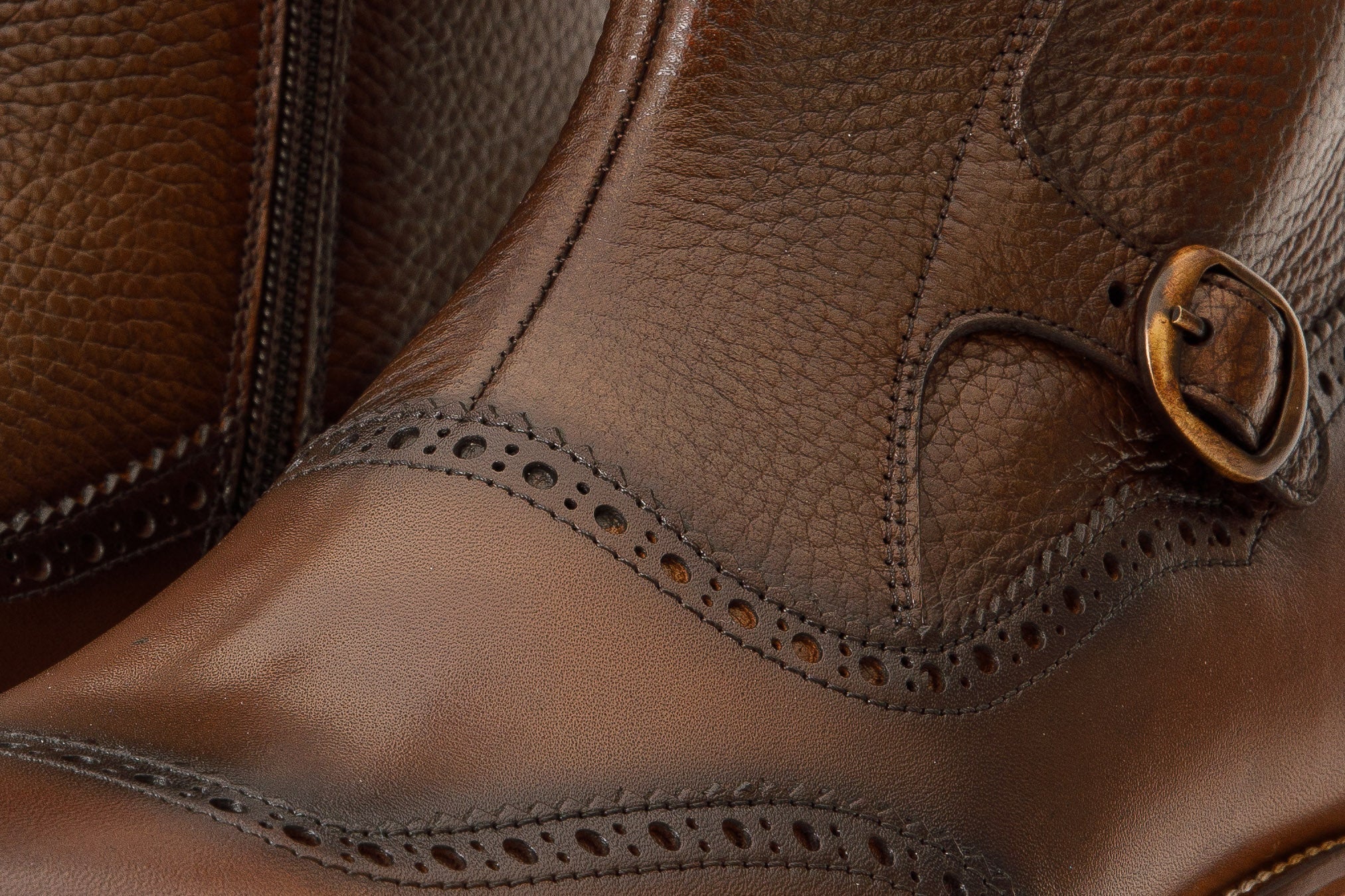 The Rand Brown Leather Double Buckle Brogue Boot with a Zipper - Vinci Leather