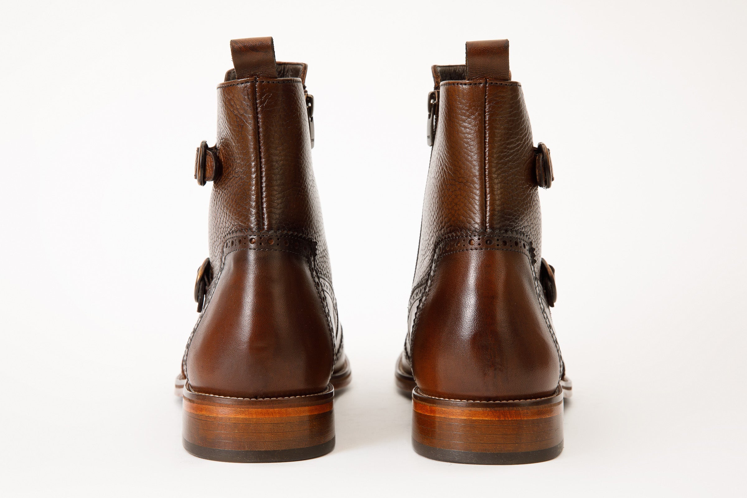 The Rand Brown Leather Double Buckle Brogue Boot with a Zipper - Vinci Leather
