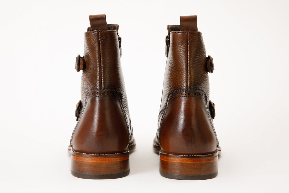The Rand Brown Leather Double Buckle Brogue Boot with a Zipper - Vinci Leather