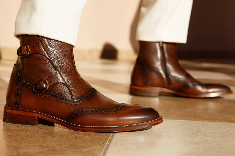 The Rand Brown Leather Double Buckle Brogue Boot with a Zipper - Vinci Leather