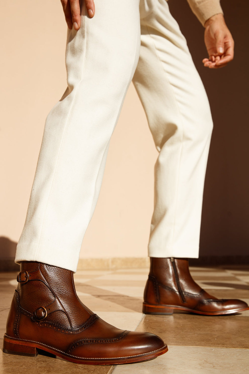 The Rand Brown Leather Double Buckle Brogue Boot with a Zipper - Vinci Leather