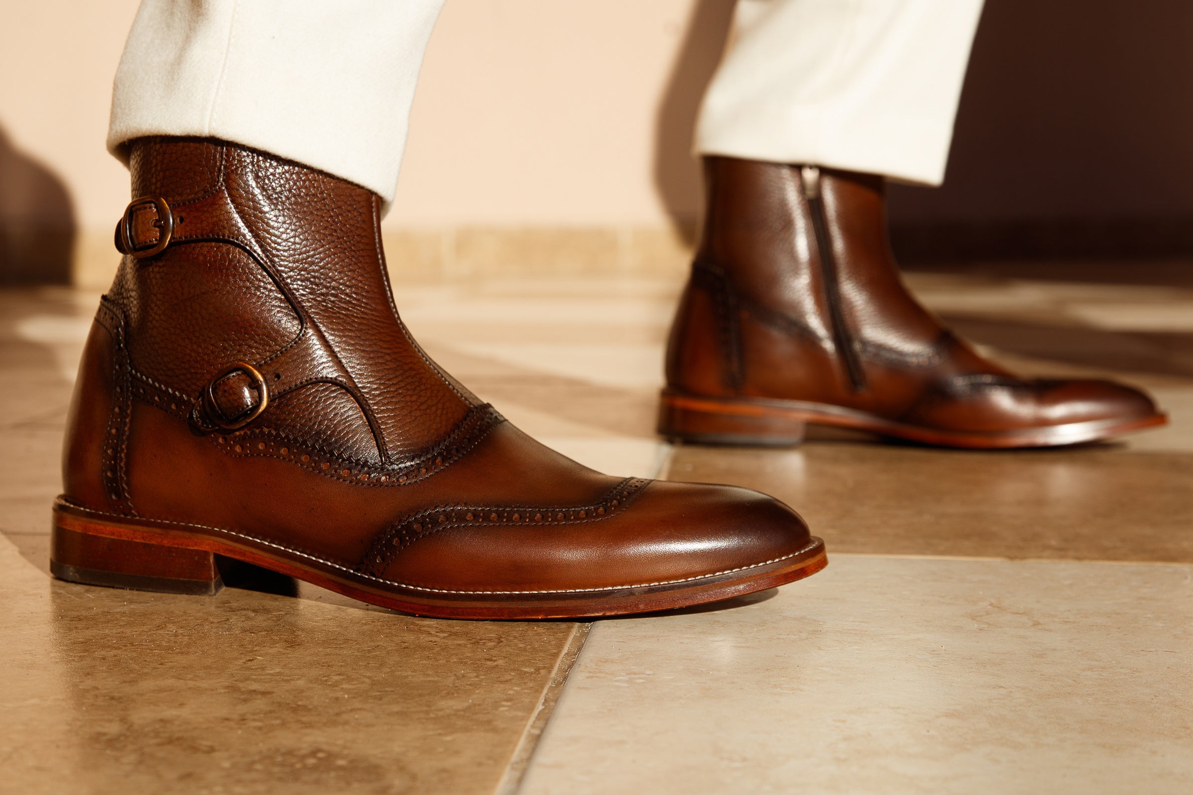 The Rand Brown Leather Double Buckle Brogue Boot with a Zipper - Vinci Leather