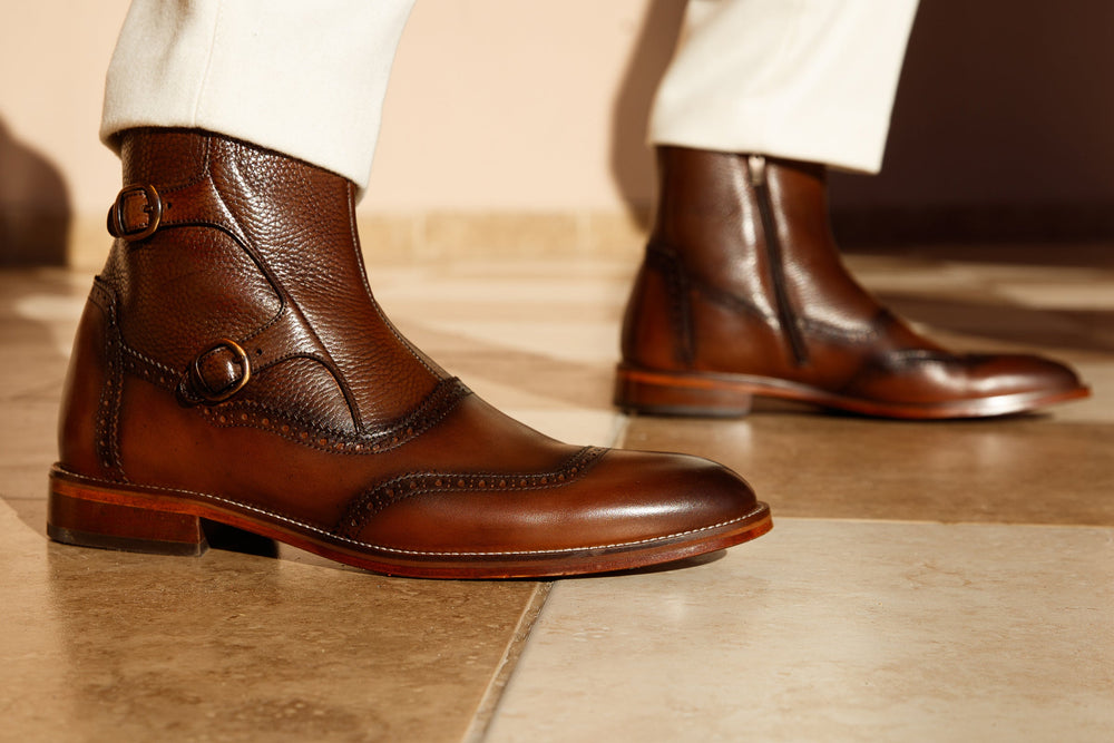 The Rand Brown Leather Double Buckle Brogue Boot with a Zipper - Vinci Leather