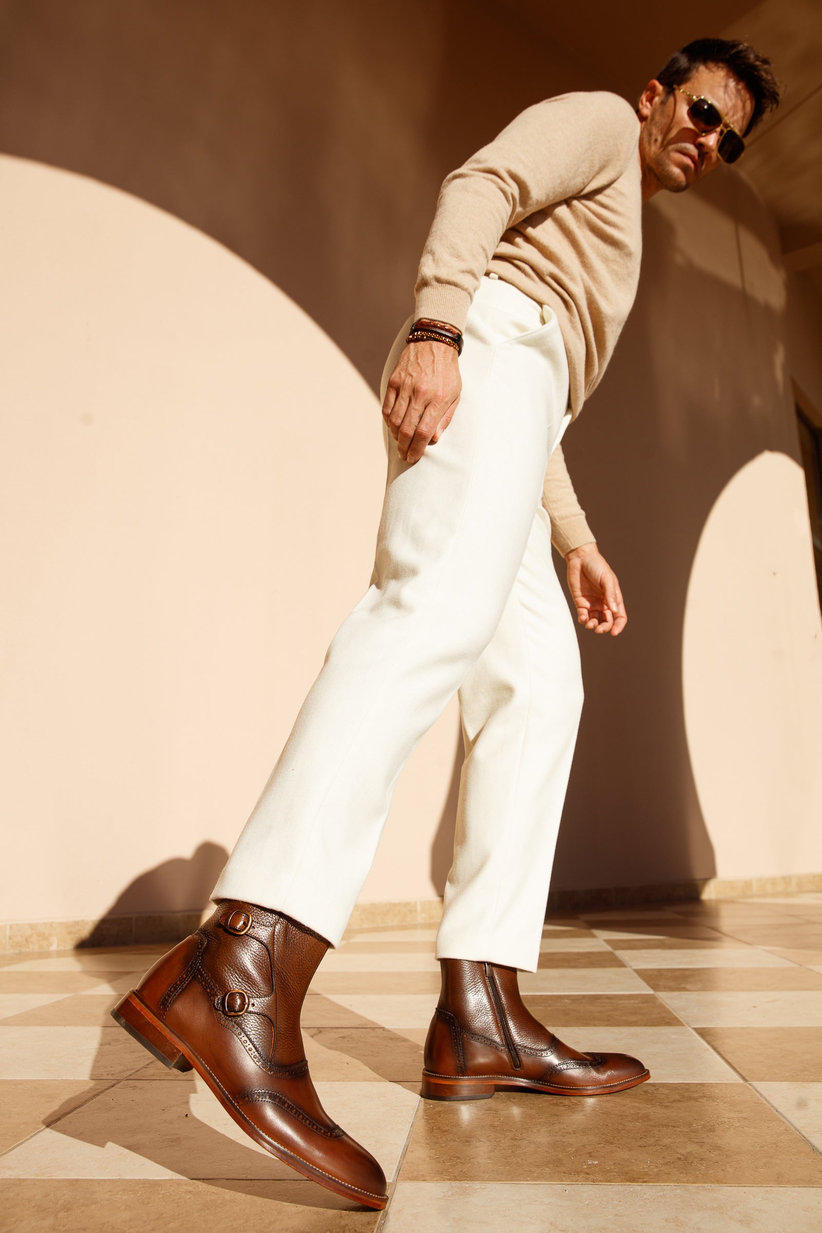 The Rand Brown Leather Double Buckle Brogue Boot with a Zipper - Vinci Leather