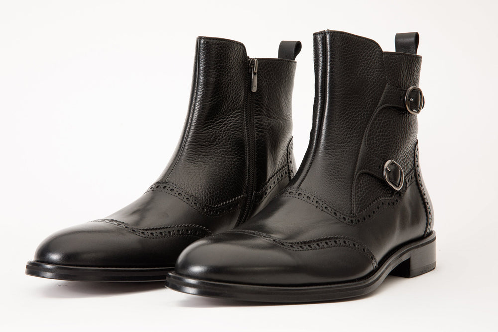 The Rand Black Leather Double Buckle Brogue Boot with a Zipper - Vinci Leather