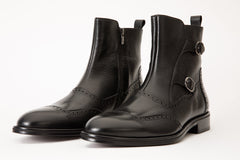 The Rand Black Leather Double Buckle Brogue Boot with a Zipper - Vinci Leather