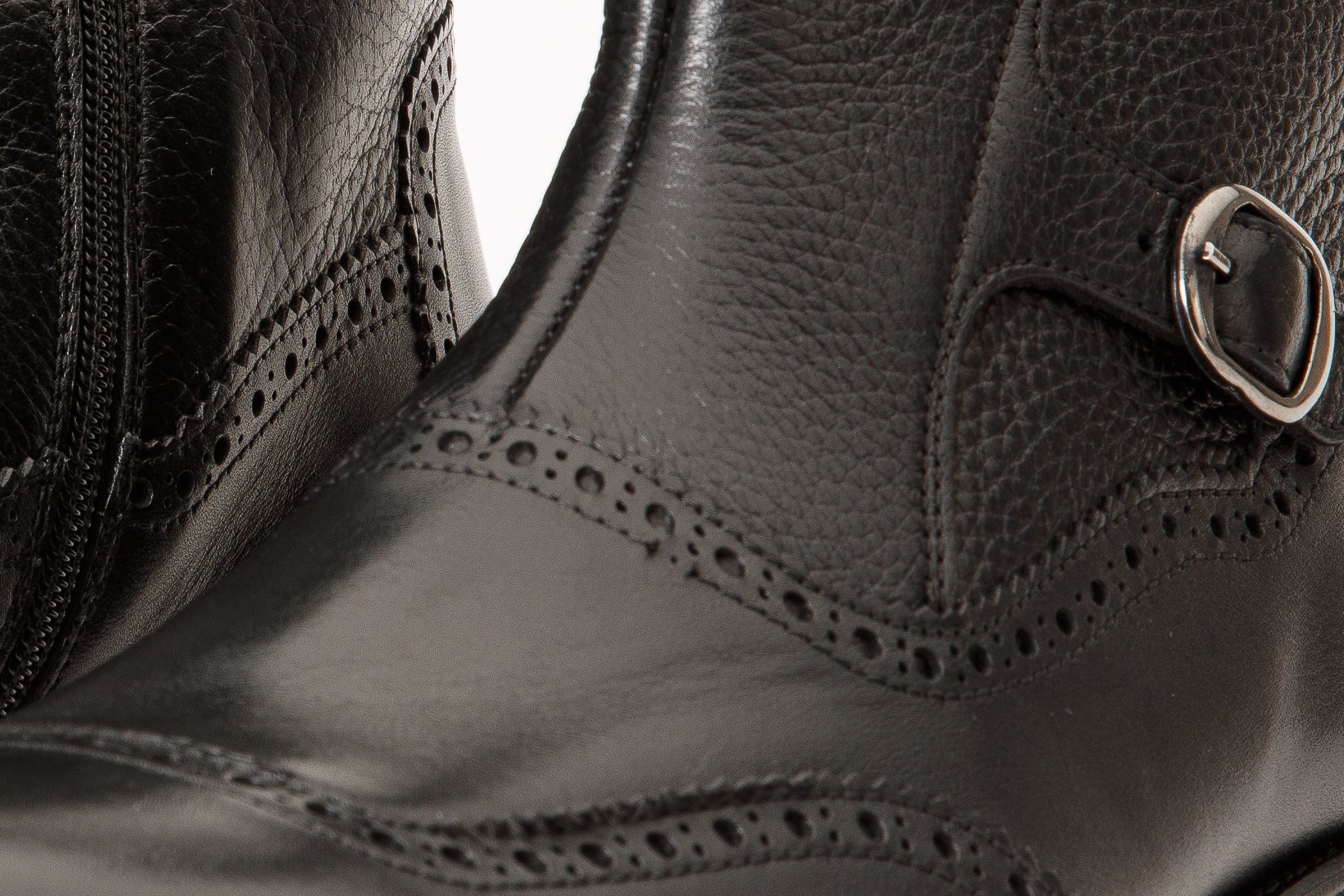 The Rand Black Leather Double Buckle Brogue Boot with a Zipper - Vinci Leather