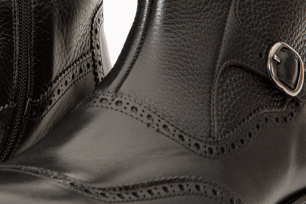 The Rand Black Leather Double Buckle Brogue Boot with a Zipper - Vinci Leather