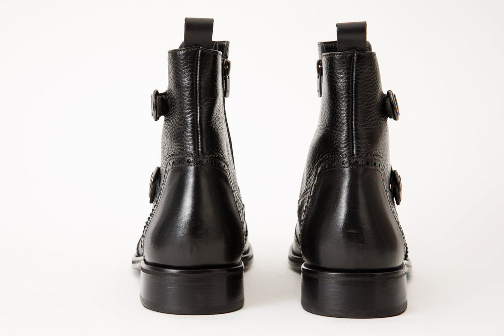 The Rand Black Leather Double Buckle Brogue Boot with a Zipper - Vinci Leather