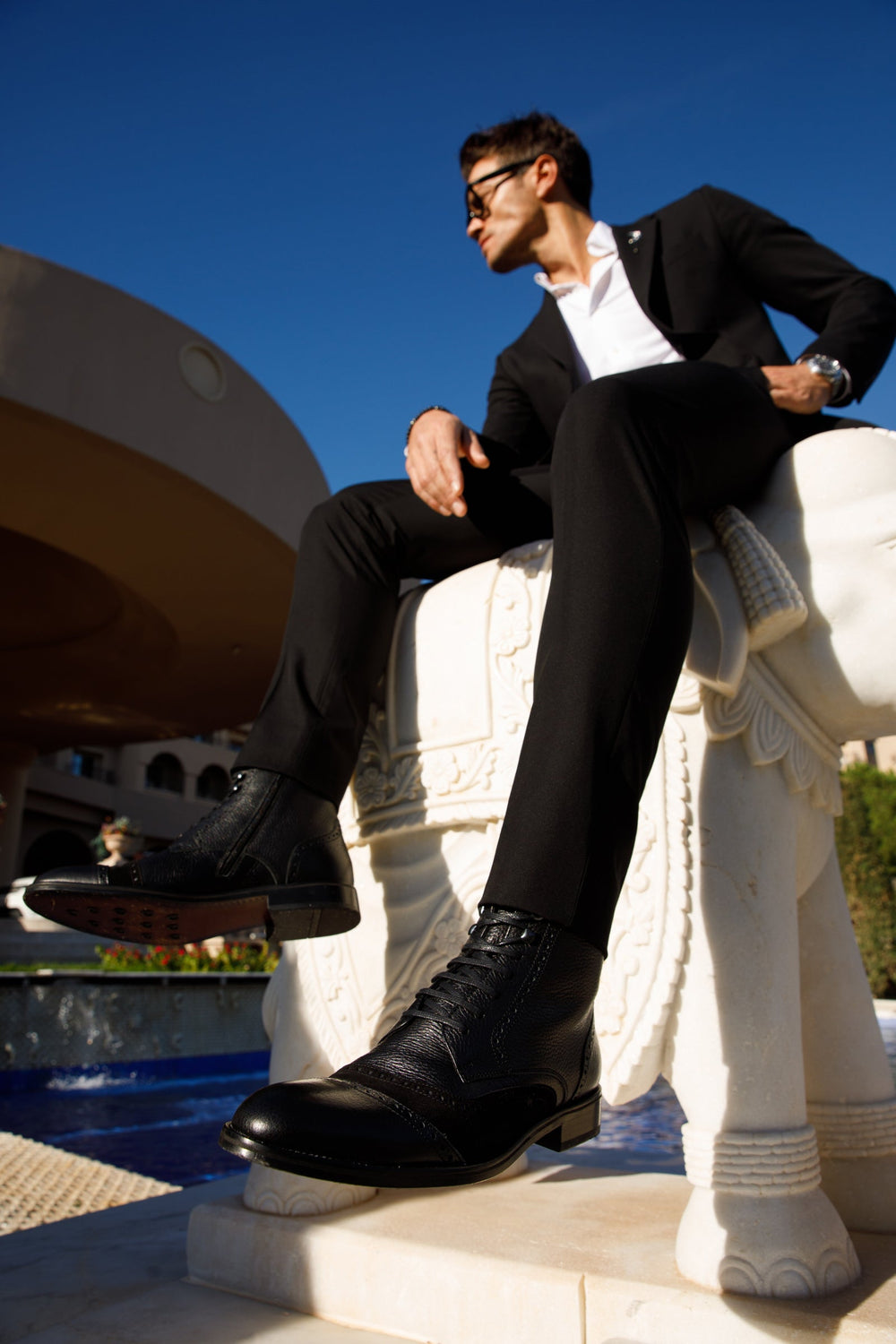 The Anderson Black Leather Suede Brogue Lace-Up  Boot with a Zipper - Vinci Leather