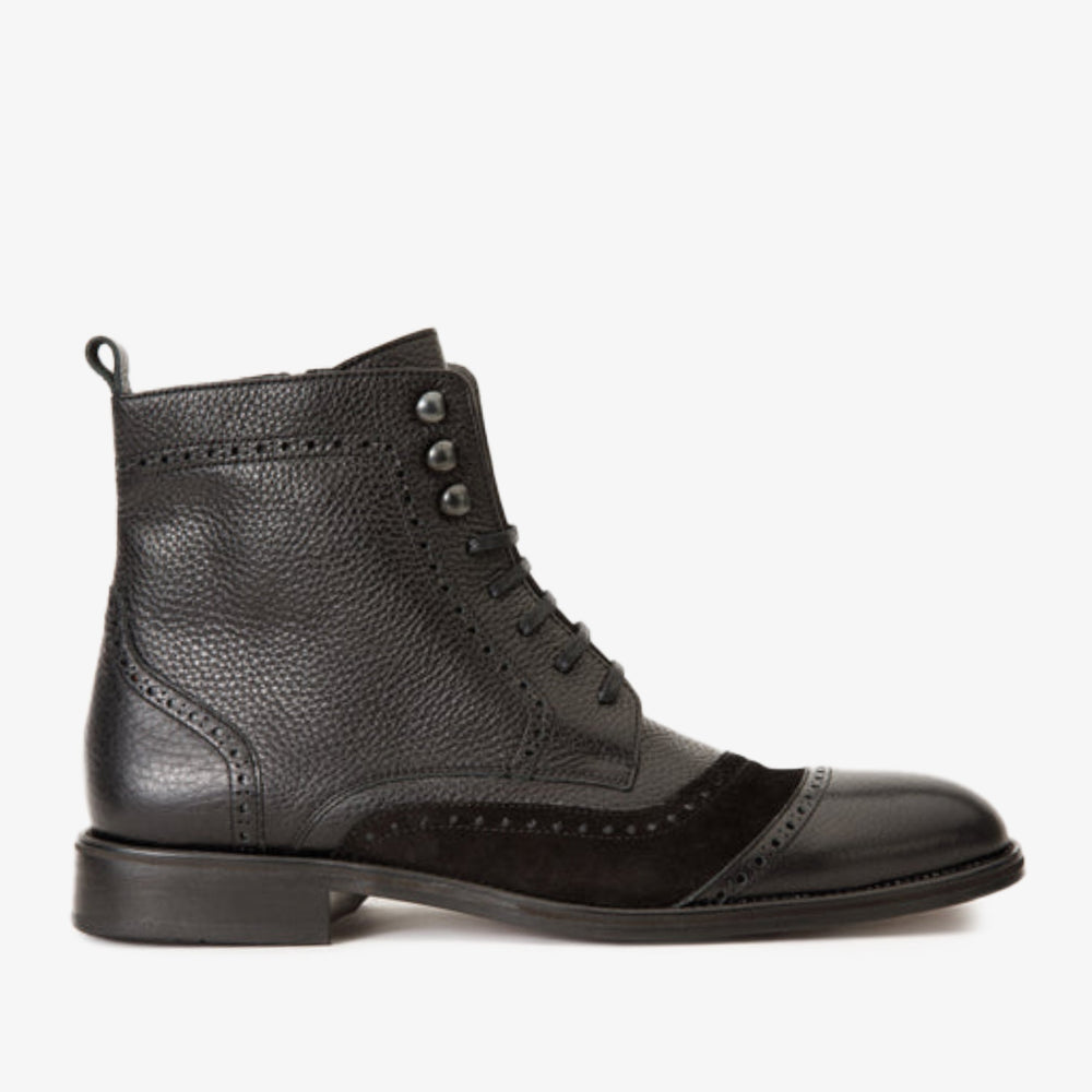 The Anderson Black Leather Suede Brogue Lace-Up  Boot with a Zipper - Vinci Leather
