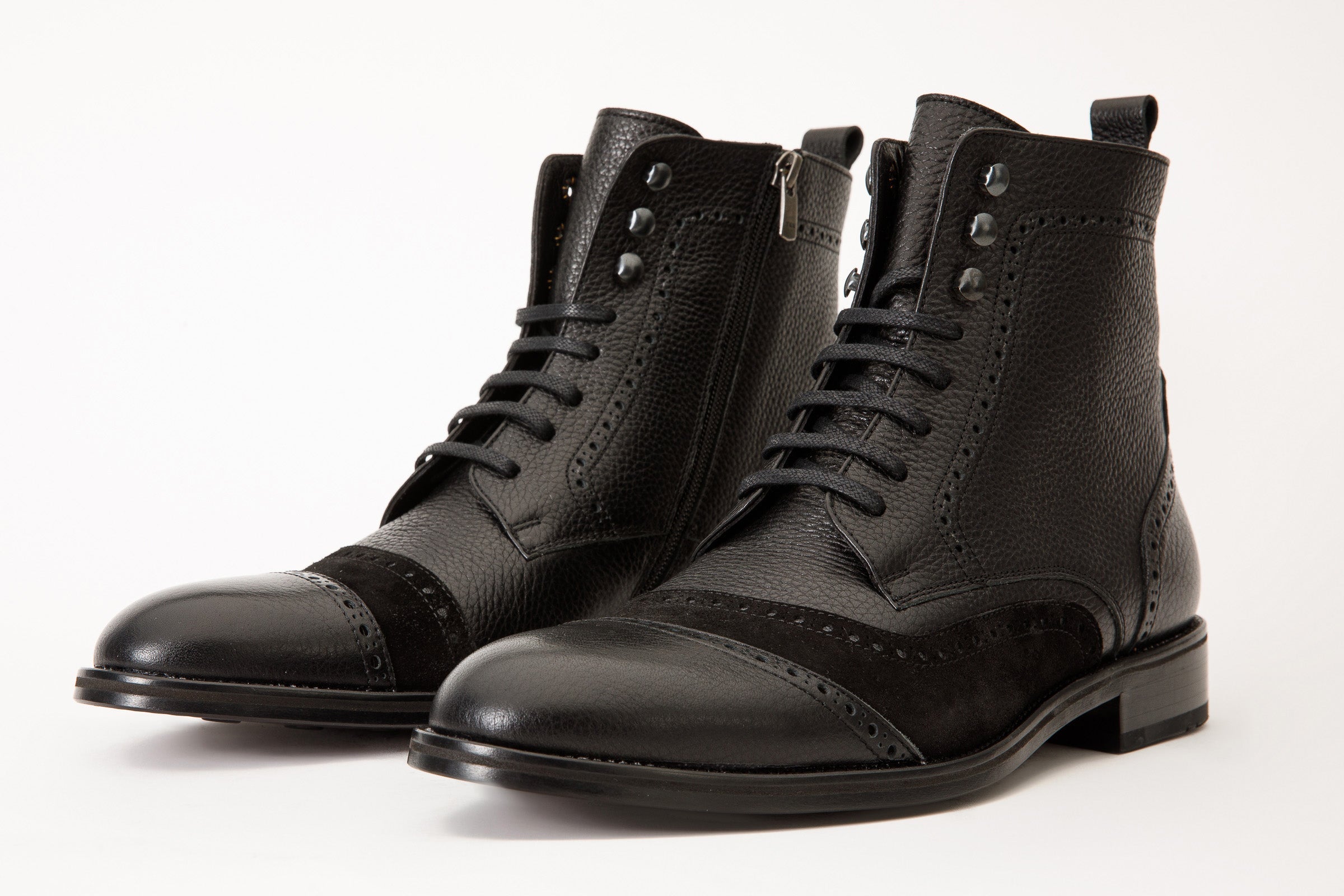 The Anderson Black Leather Suede Brogue Lace-Up  Boot with a Zipper - Vinci Leather