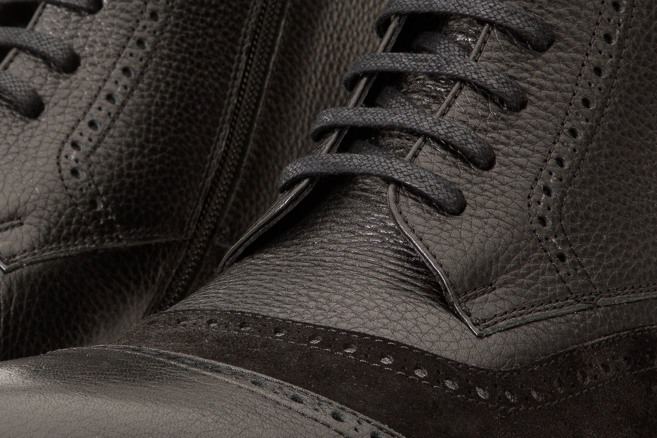 The Anderson Black Leather Suede Brogue Lace-Up  Boot with a Zipper - Vinci Leather